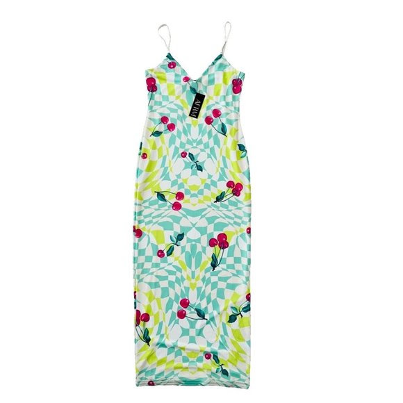 AFRM Amina Mesh Slip Midi Dress Cherry Mint - Picture 3 of 4